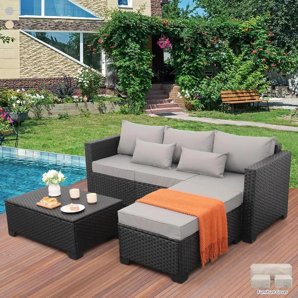 Outdoor Furniture Set 3 Pieces Wicker Patio Furniture Outdoor Sectional Couch Outdoor Coffee Table with Storage All-Weather