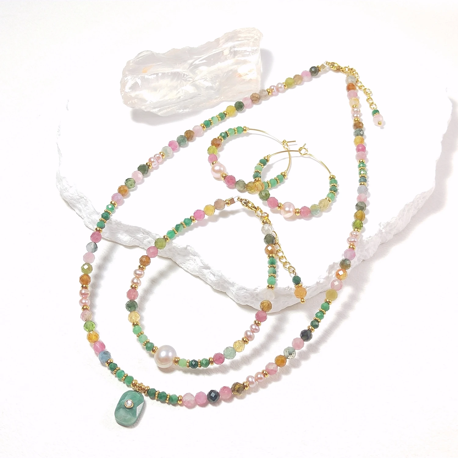 Lii Ji Rainbow Tourmaline 4mm Freshwater Pearl With Green Jade 3mm Facted Beads Necklace 40+3cm/ Bracelet 17+3cm /Earrings