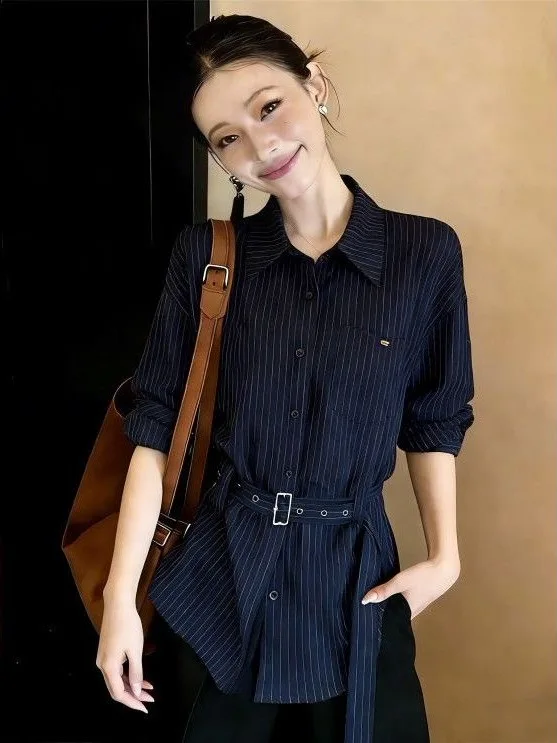 Elegant plus Size Women's Blue Striped Shirt with Belt Waist Cinching Shoulder-Length Korean Style Long Sleeve  Collar