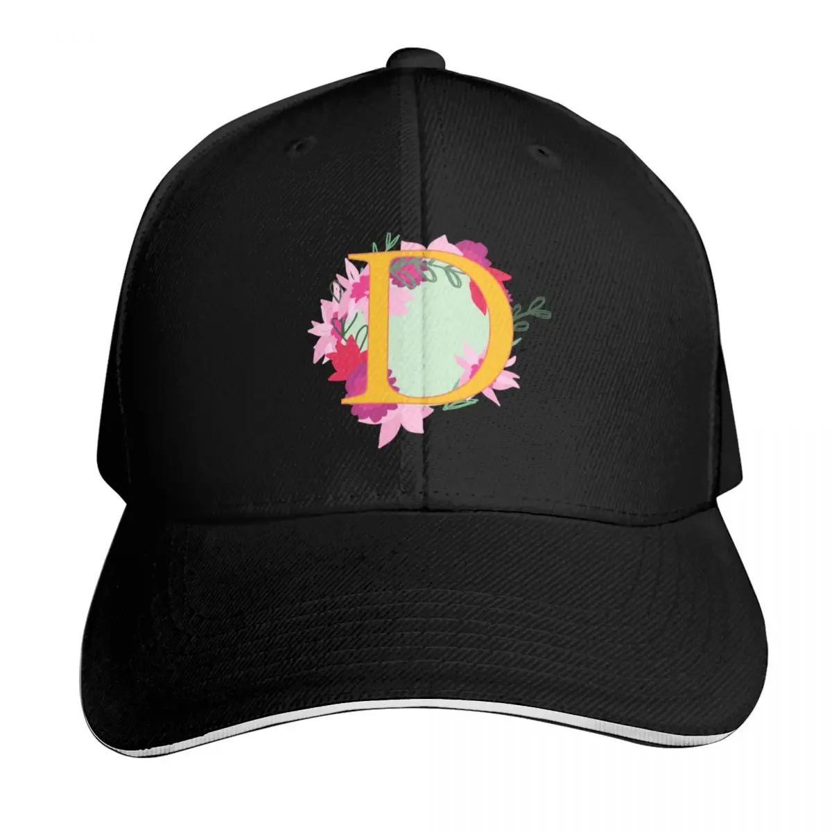 Floral Monogram Letter D, Initial, Yellow Lettering Baseball Cap Gift for Him Her Casual Daily Wear Quick Dry Performance