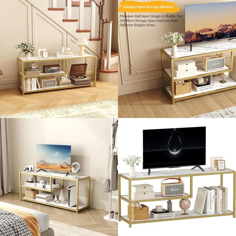 

Тумба под телевизор 3-х уровневая, 55 дюймов, современный развлекательный центр с имитацией мраморной столешницы и золотыми металлическими ножками