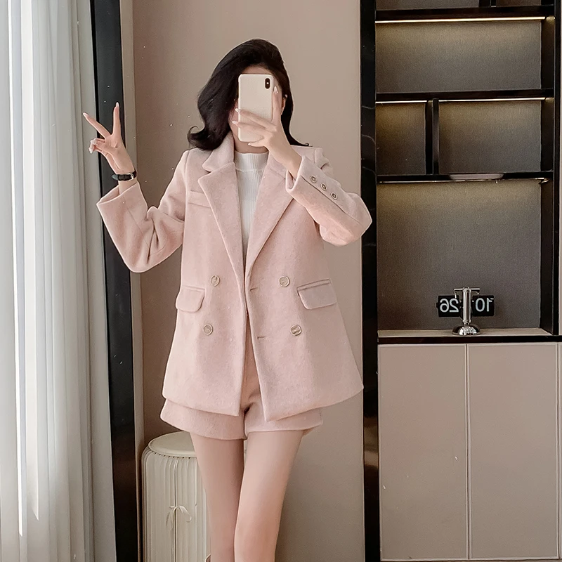 2024 New Autumn Winter Women Pint Wool 2 Piece Set Notched Collar Double Breasted LongSleeve Coat Jacket+Short Pants Sets