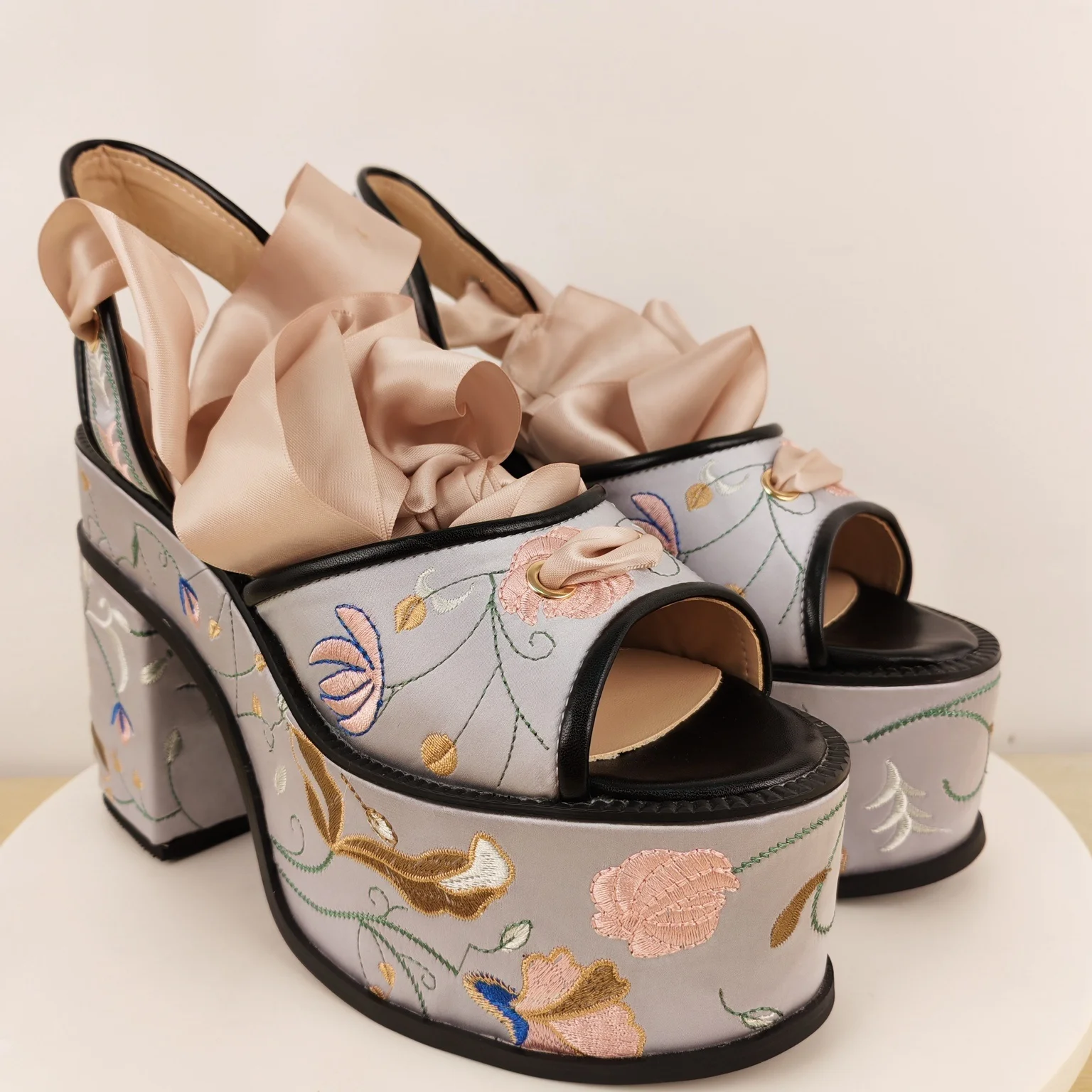 Women's Light Grey Floral Embroidered Platform Sandals Blush Satin Ribbon Ankle Tie for Oriental Lolita Whimsical Statements