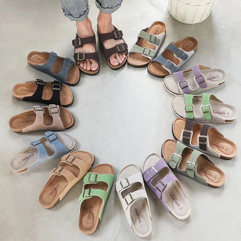 Nubuck 여성용 코르크 슬리퍼, 여름 뮬 클로그 플랫 샌들, 캐주얼 비치 커플, 더블 버클 소프트 슈즈, 빅 사이즈 신발