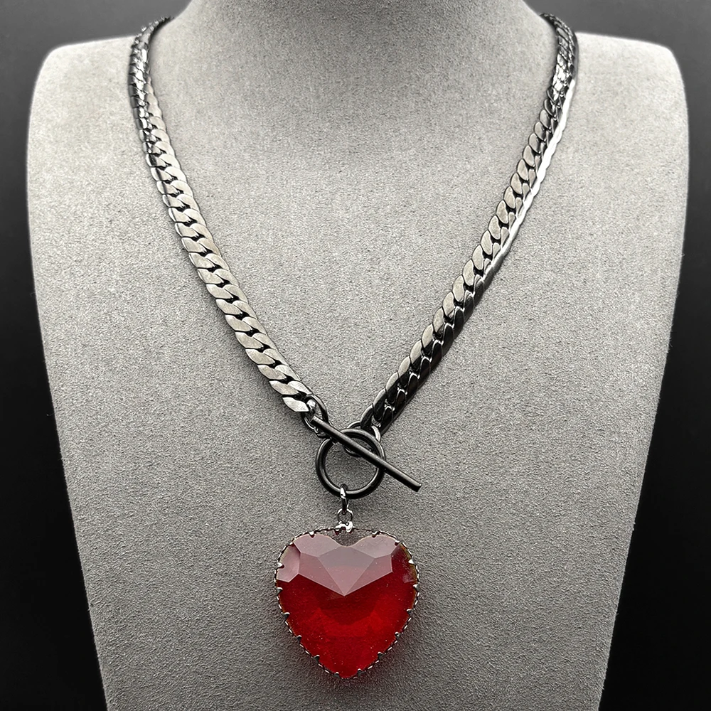 Gothic Punk Red Heart Glass Pendant Necklace for Women Men Stainless Steel Black Color Clavicle Chain Choker Necklaces Jewelry