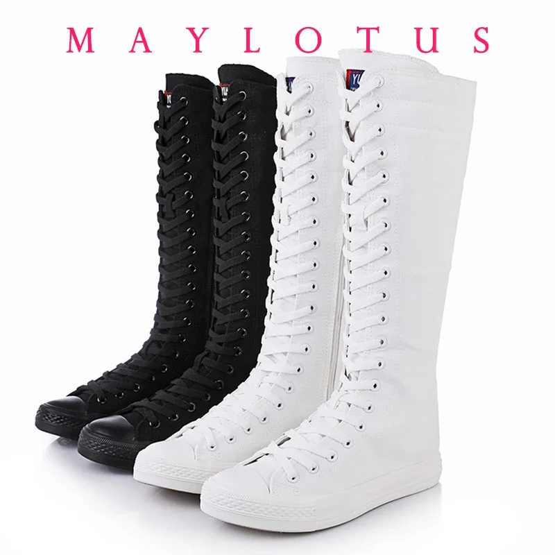 

2024 New Fashion 3Colors Women's Canvas Boots Lace Zipper Knee High Boots Boots Flat Shoes Casual High Help Punk Shoes Girls