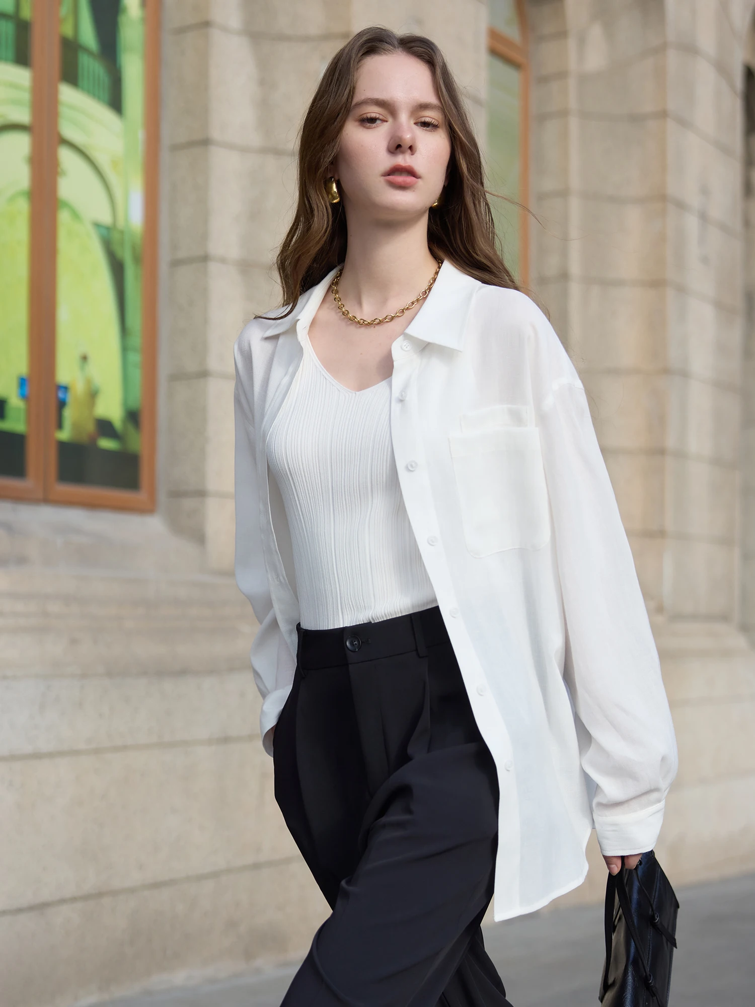 FSLE Women White Casual Shirts 8% Linen Thin Spring Long Sleeve Blouses Office Lady Two-wear Linen Shirt Tops 25FS11265