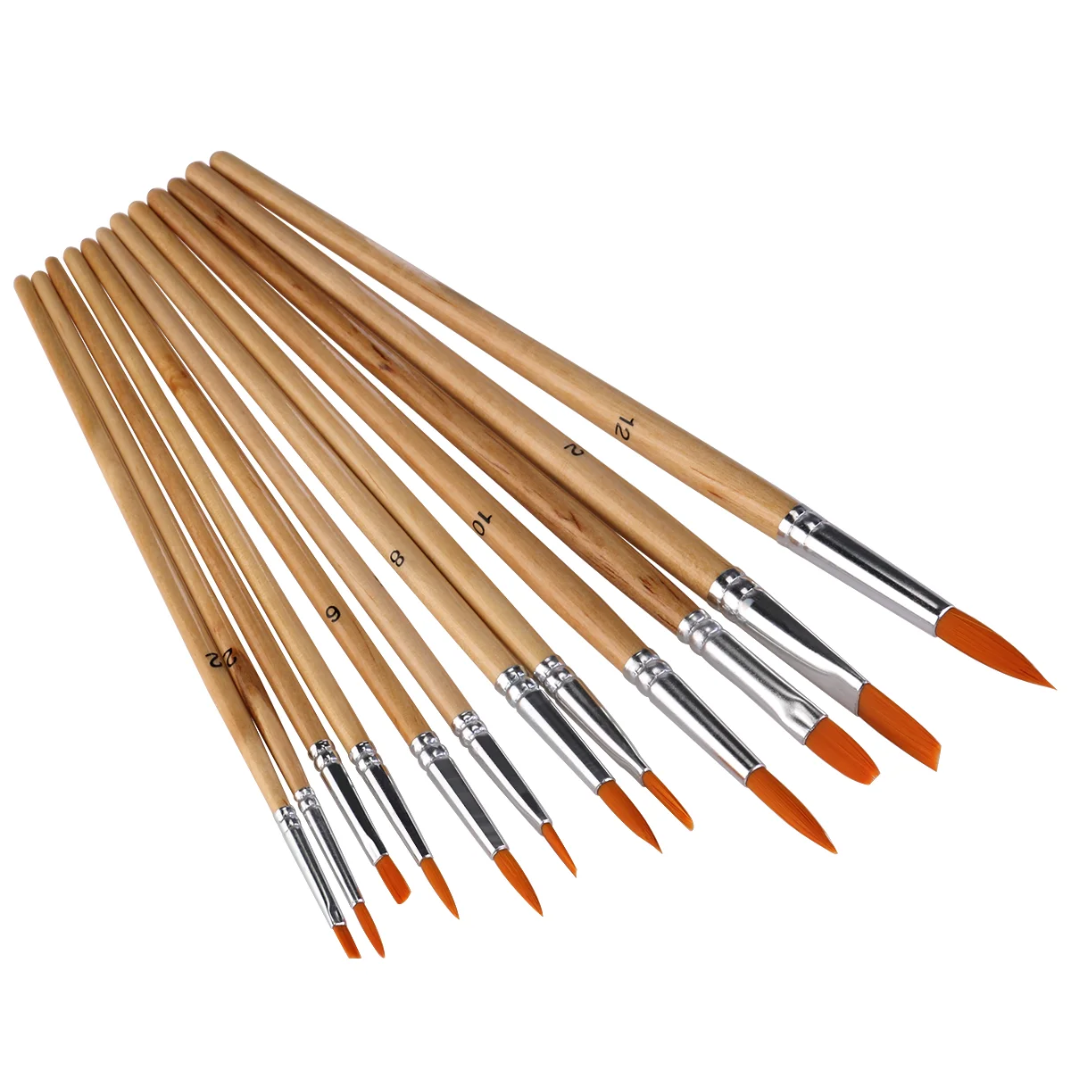 12pcs Nylon Hair Paint Brush Set Watercolor Acrylic Oil Painting Supplies Round Flat Tips Short Wooden Handles Double Crimped