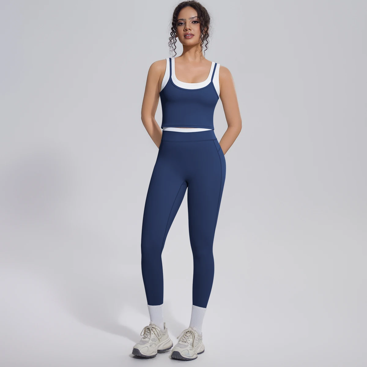Hamidou Damen Yoga-Set, sexy, stoßdämpfend, Lauf-Yoga-Top, Farbblock-Design, hochtaillierte Fitness-Sport-Yoga-Hose, Gym-Yoga-Set – Detail 11