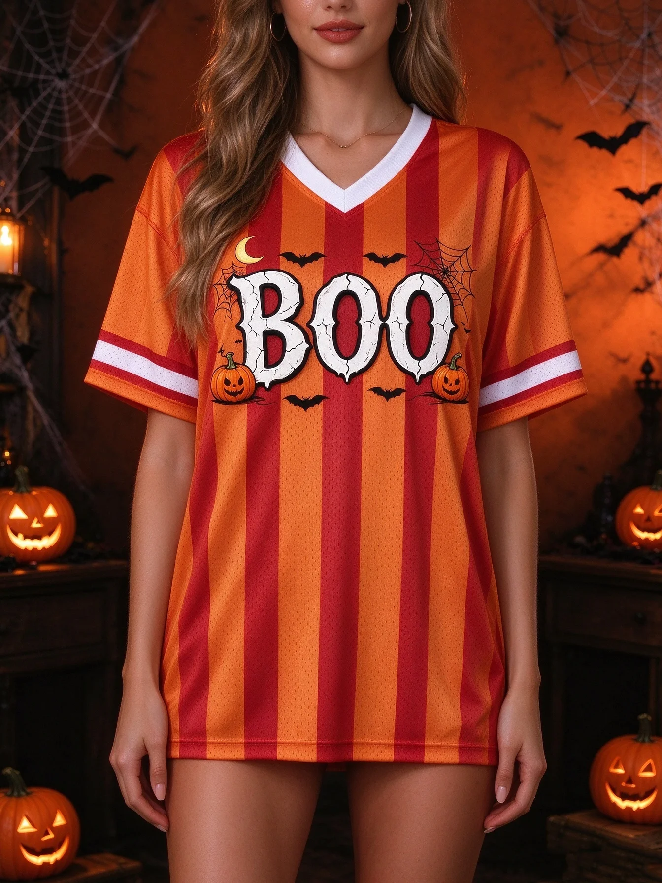 2026 New Halloween Spooky Skull Print Striped V Neck Mesh Jersey, Women Loose Short Sleeve Football Tees