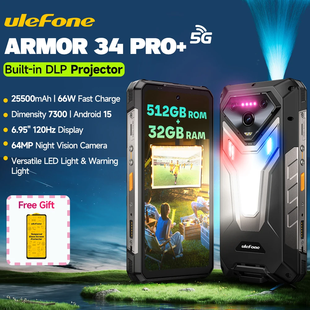 Ulefone Armor 34 Pro+ 5G AI Rugged Phone Smartphone Android 15 Up to 32GB+512GB 25500mAh 64MP Night Camera Built-in Projector
