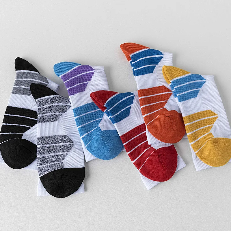 4 pairs Mid length socks, colorful socks, personalized sports stripes, color blocking, double needle mid length marathon running