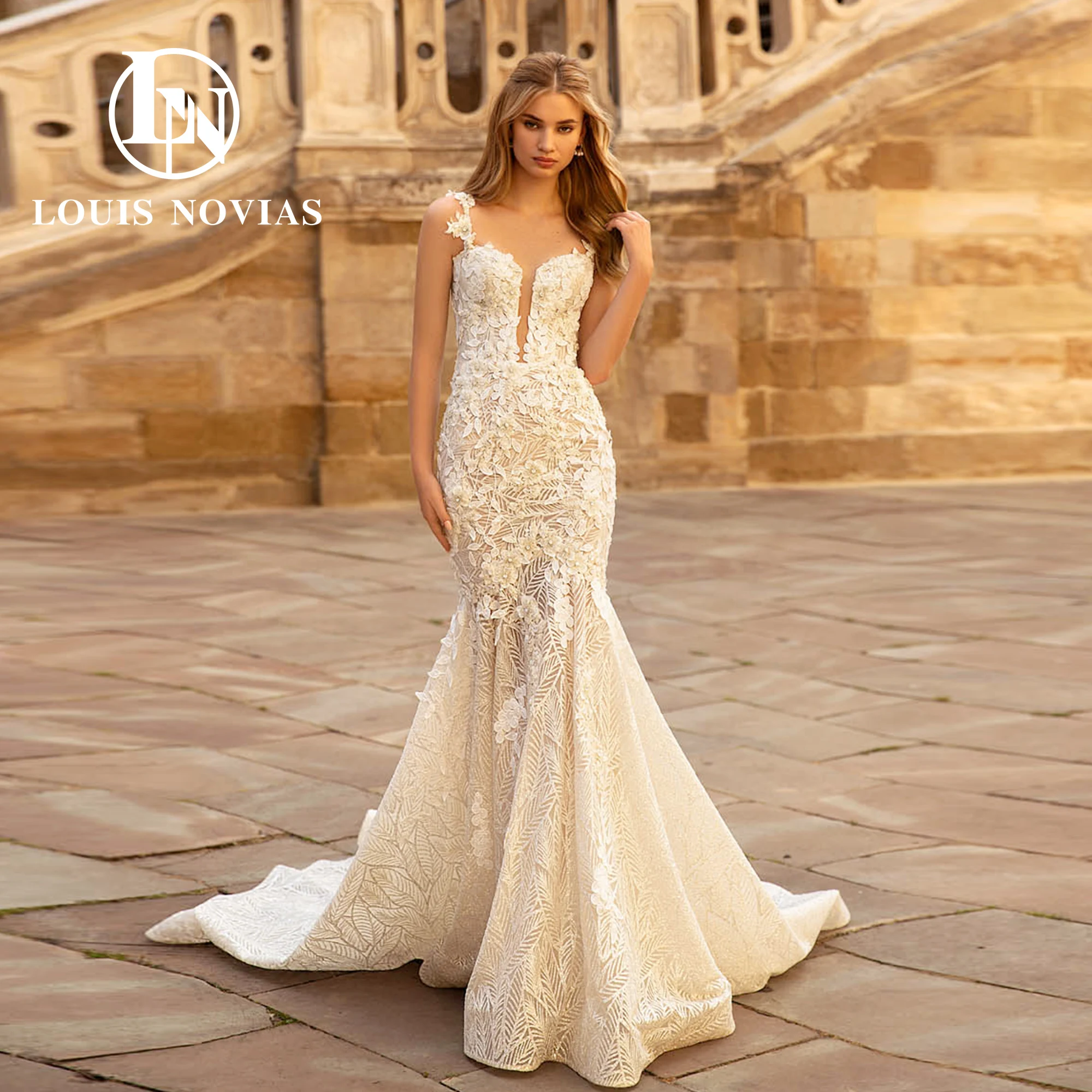 Vestido de novia de sirena LOUIS NOVIAS para mujer, tirantes finos, flores modernas en 3D, apliques de cuentas, vestido de novia de cola capilla