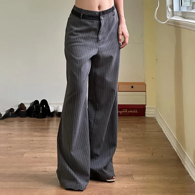 Temperament European and American style casual striped double waist suit pants sexy low waist loose lazy wide leg straight pants