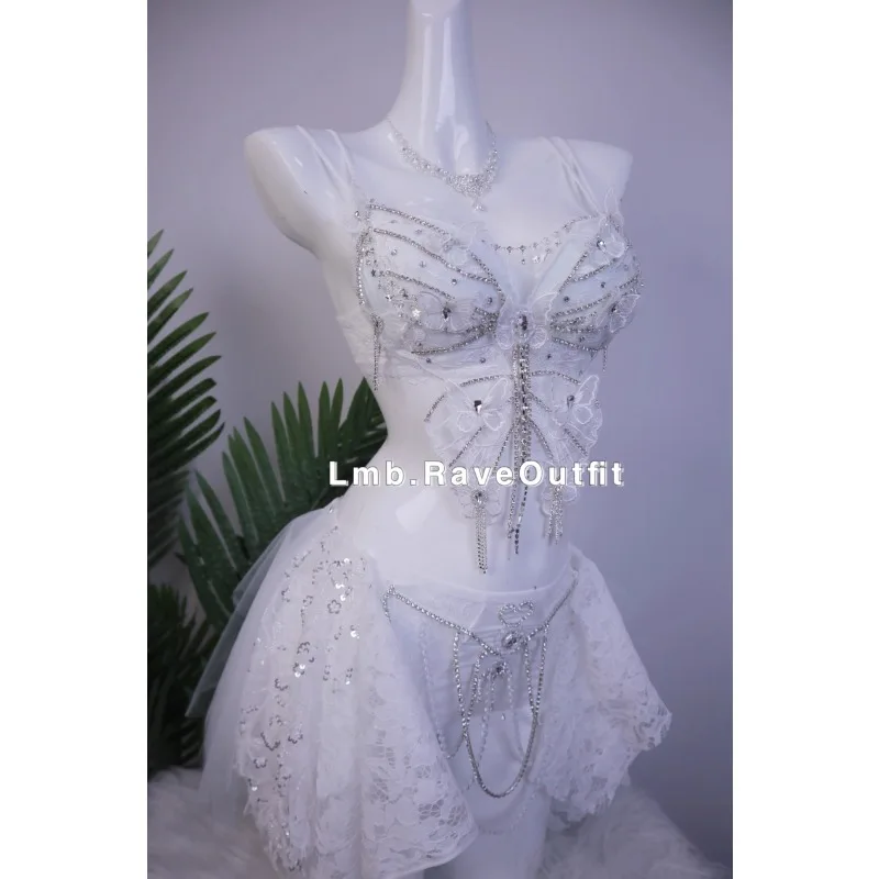 تخصيص أجنحة بيضاء مقطع كهربائي ترتد دي فاخر تألق الماس توتو تنورة مجموعة شريط مرحلة الأداء زي حمالات الصدر #4