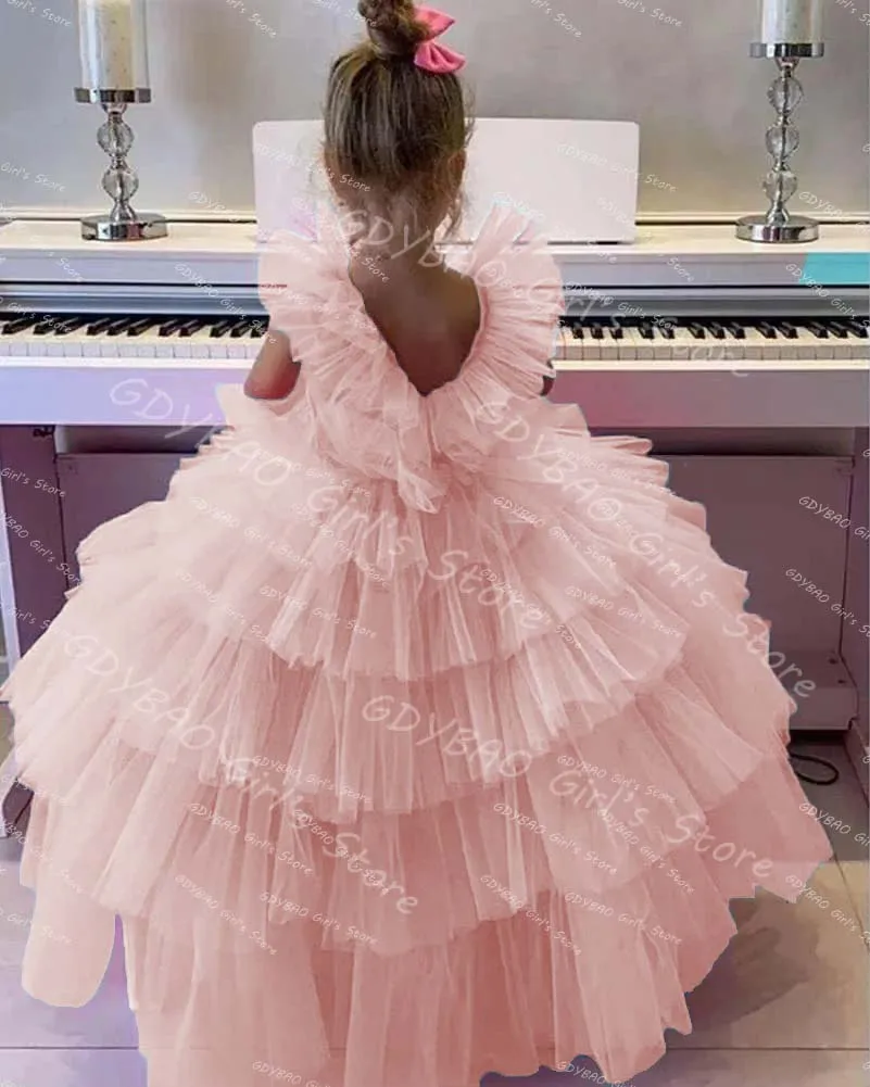 Aangepaste meisjes prinsessenjurk gelaagde tule bruiloft bloemenmeisje jurk met lint vloerlengte optocht communiejurk