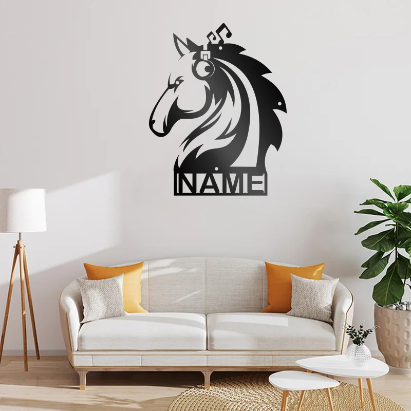 1PC Creative Horse with headphones Custom Name Metal artwork Tin Plaque Metal Plate Signs For Club Decor For Living Room Decor