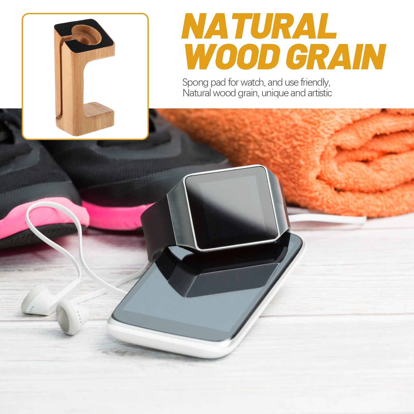 

Bamboo Wooden St for Smart Watch Charging Station USB Mount Support Bracket Yellow Travel Lightweight Durable Wood Grain