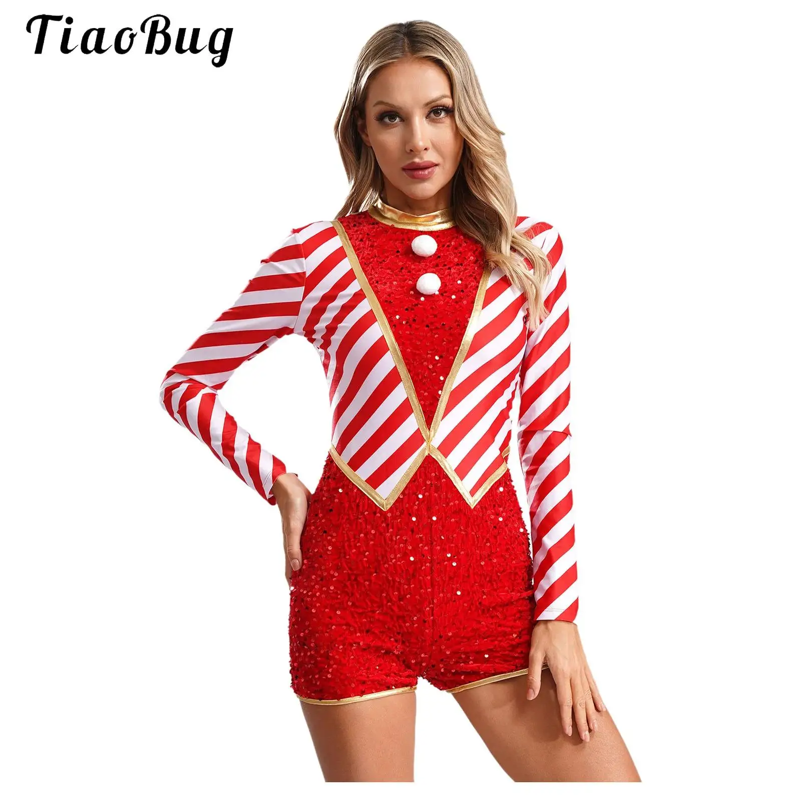 Long Sleeve Christmas Candy Cane Bodysuit Jumpsuit Women Sequins Stripes Xmas Party Santa Claus Shorty Unitard Dance Costume