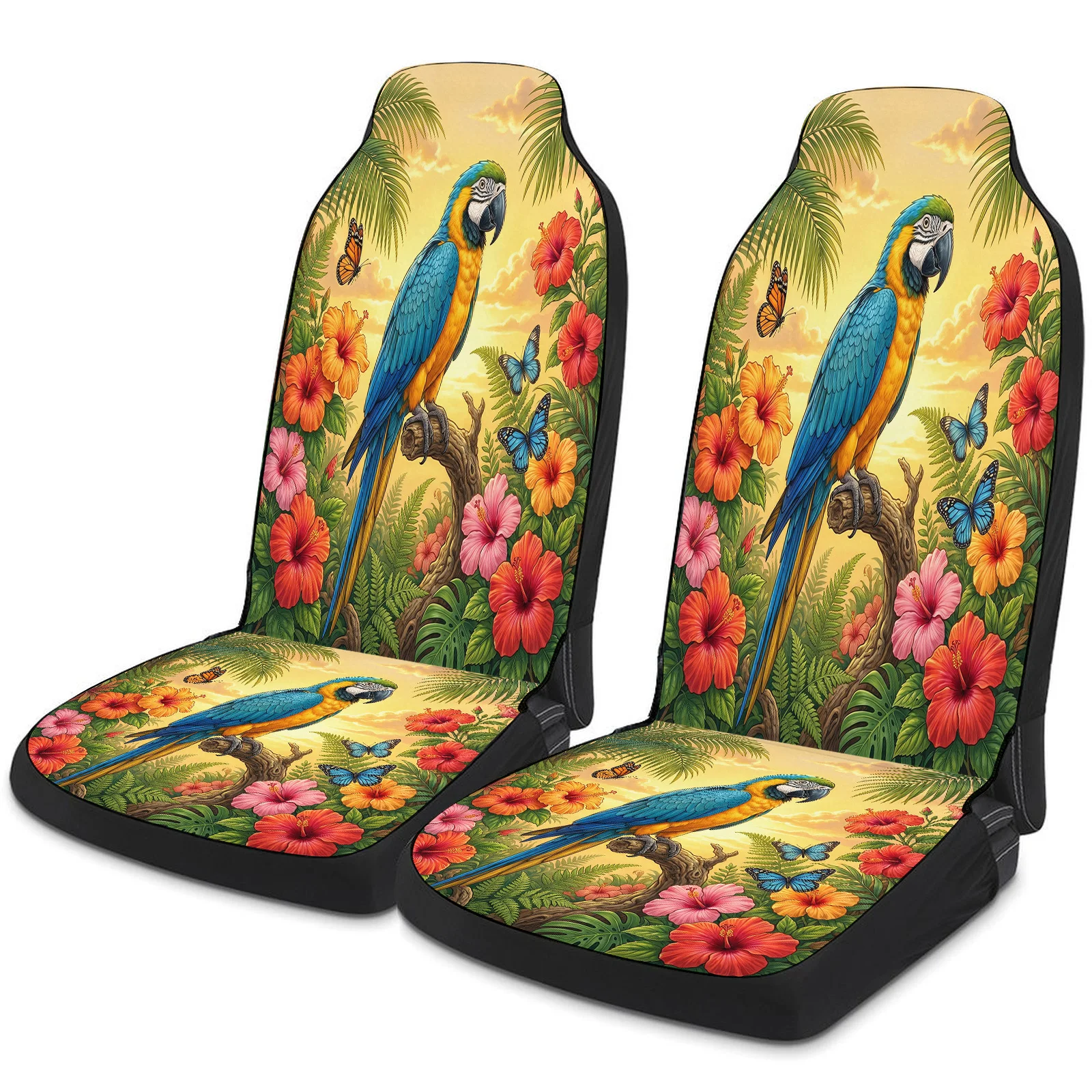 Parrot Hibiscus Butterfly Tropical Themed Car Seat Cover Set For Most Cars Trucks, Trendy Breathable Car Seat Protector Covers F