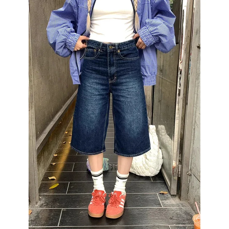 

Vintage Y2K Wash Blue Denim Shorts Women Low Rise Distressed Wide Leg Baggy Jeans Oversized Casual Summer Short Pants