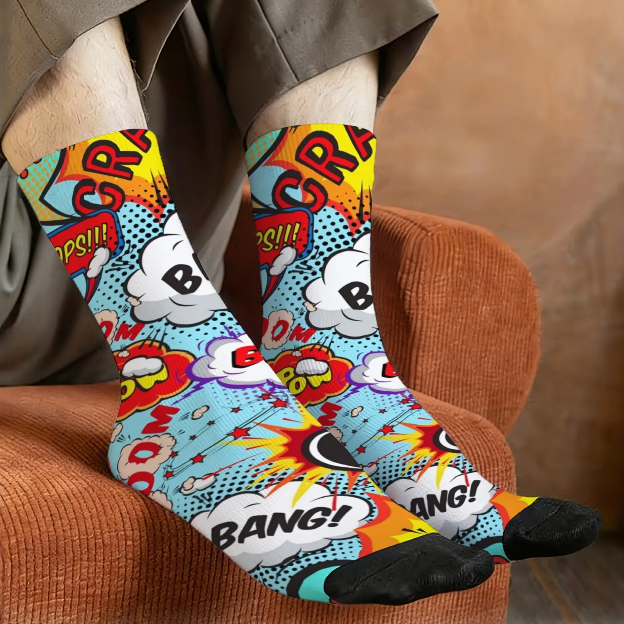 Pop Art Comic Style Socks Non Slip Stretchy Breathable Men's Casual Socks for Travel Running Retro Trendy Party Hip Hop Style