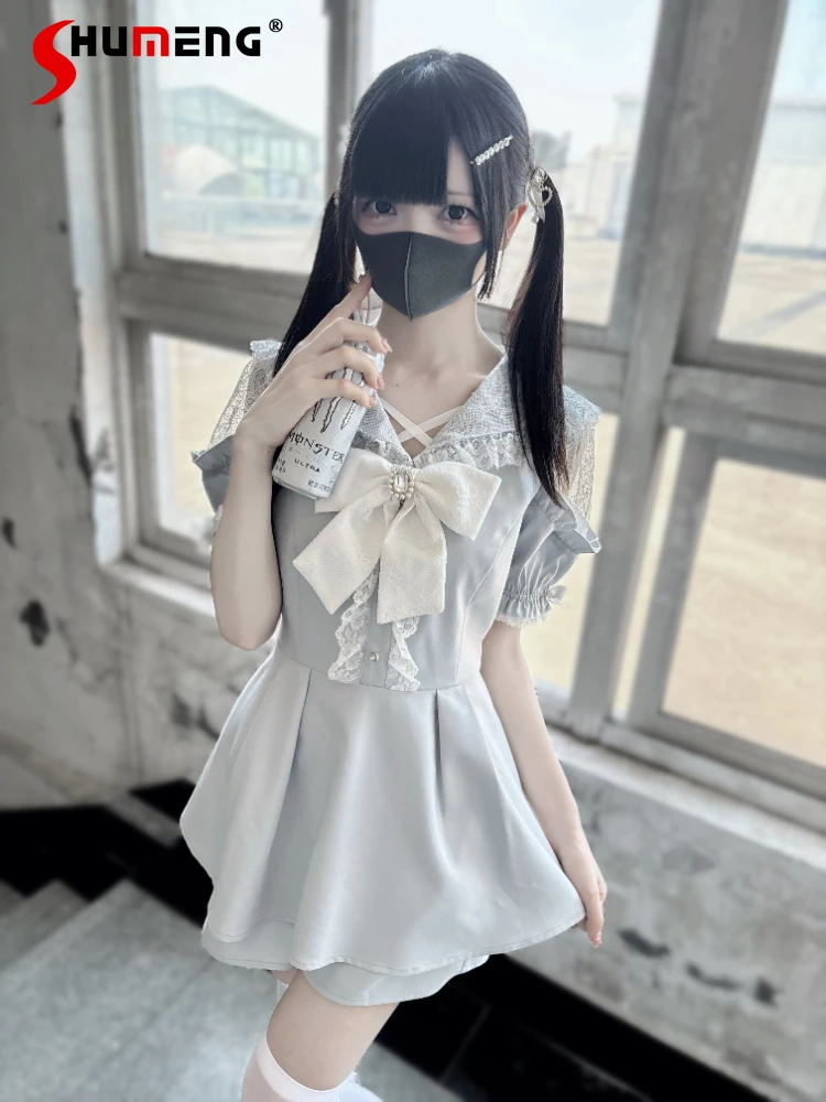 

Japanese Style Hollow out Off- Shoulder Short Sleeve Doll Collar Bow A-line Dress High Waist Base Shorts Two-Piece Set for Women