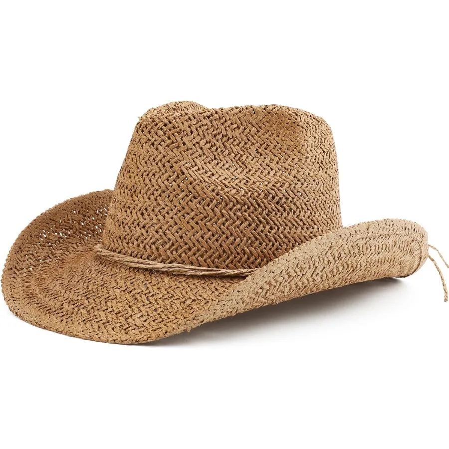 여성용 짧은 챙 밀짚 해변 카우보이 모자, 야외 여름 활동에 이상적, 서부 카우걸 스타일 모자, 자외선 차단 기능