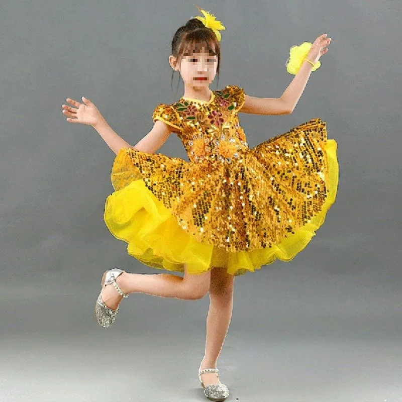 

Girls Performance Sequined Yellow Dresses Dance Princess Fluffy Chiffon Dress Kindergarten Dancewear Outfit Cospaly Costume