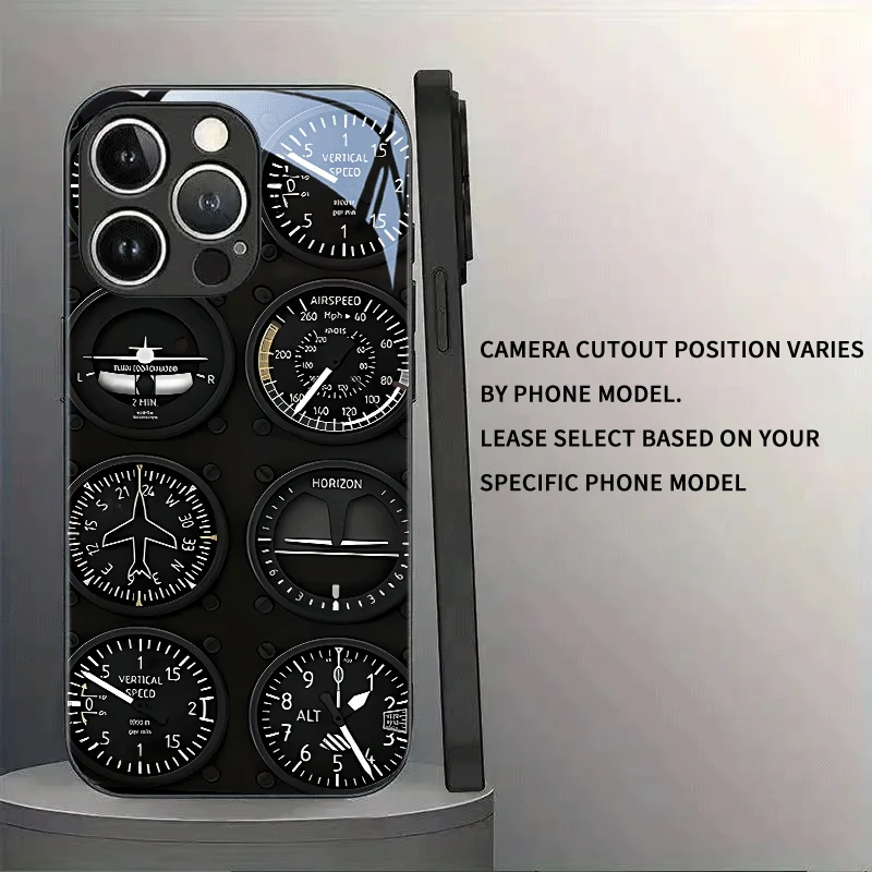 Precision Black Aviation Instrument Pattern Tempered Glass Phone Case for  17/16/15/14/13/12ProMax/11/11Pro Anti-drop protection