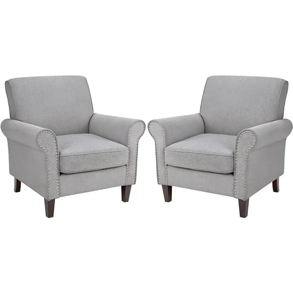 Chair Set of 2, Mid-Century Modern Fabric Living Room Chair Reading Chair with Soft Cushion, Nailhead Trim & Rolled Armrest