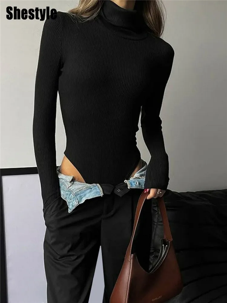 Shestyle body de gola alta de malha canelada para mulheres textura sólida elástica básica quente camiseta cintura alta tanga magro tecido topos