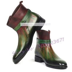 Men's Green Calf-Skin Leather Jodhpur Boots Polished Color Buckle Strap Party Shoes Fashion Slip On Gentleman Chelsea Boots