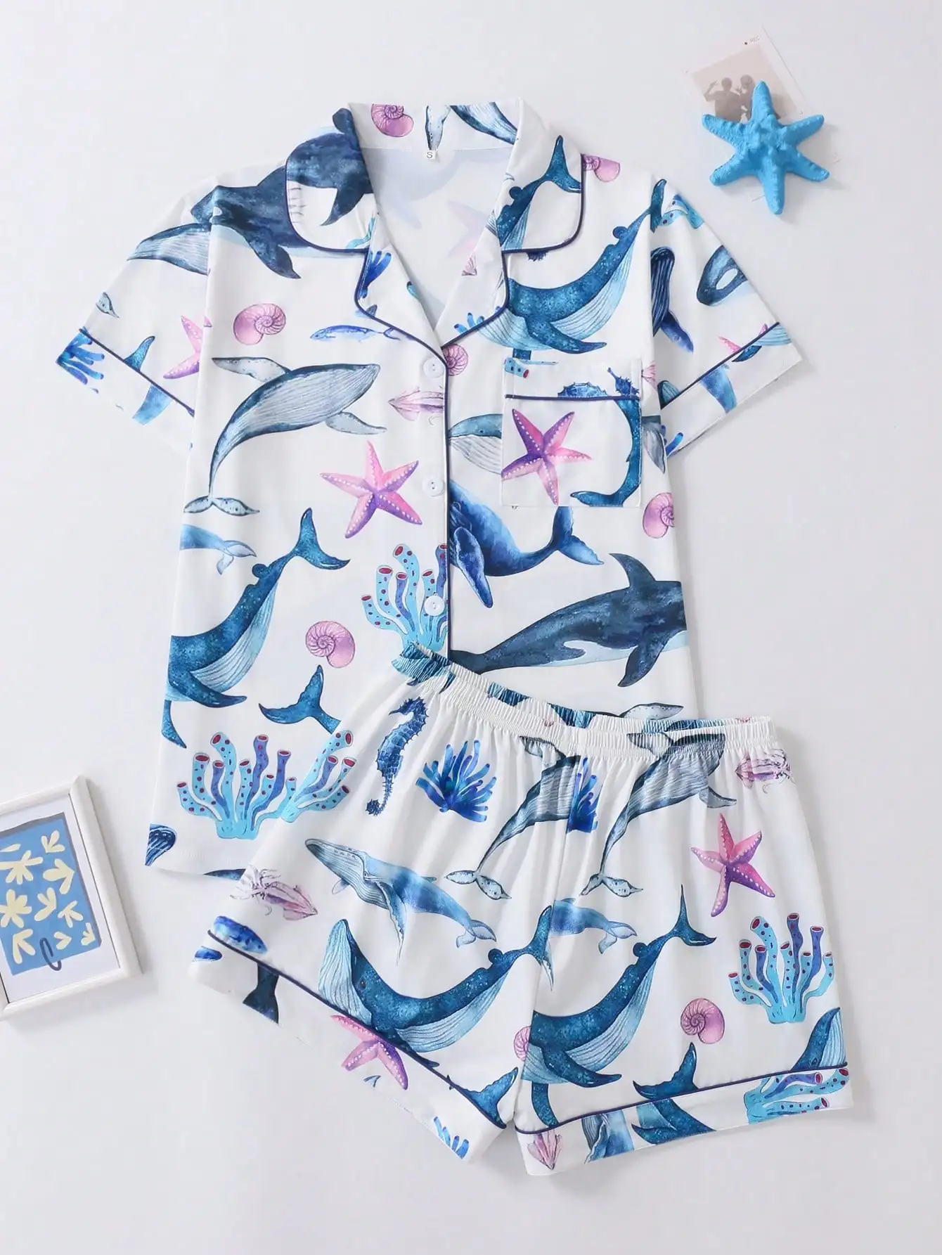 

Women's 2-Piece Pajama Set with Ocean Life Print, Collared Button-Up Top & Elastic Waist Shorts