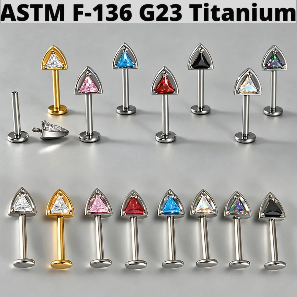 G23 Titanium Internally Thread Triangle CZ Labret Stud Flat Back Earring Multi Color CZ Vertical Helix Daith Cartilage Piercing