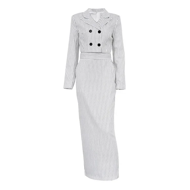 Striped Blazer Coat & Slit Skirt Set Women Skirt Sets Two Piece Set Turn Down Collar Coats Midi Waist Straight Long Skirts Split