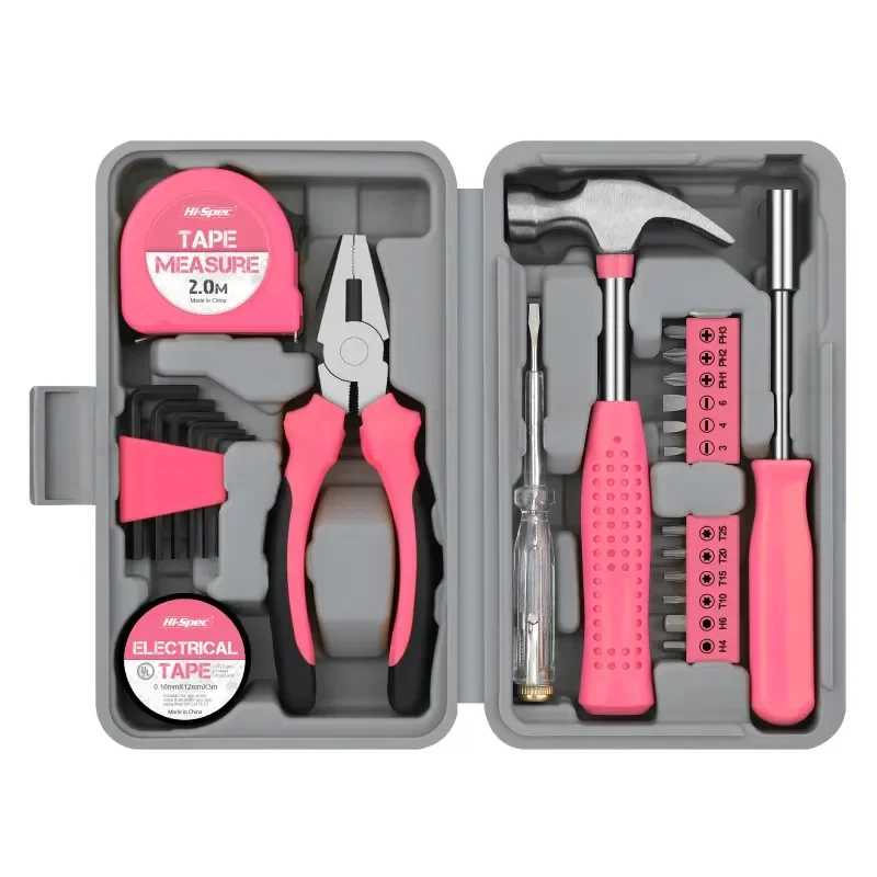 

24 in 1 Multifunctional Home Repair Hand Tool Set Pliers Tape Measure Hammer Wrench Screwdriver Pink Hardware with Tool Box