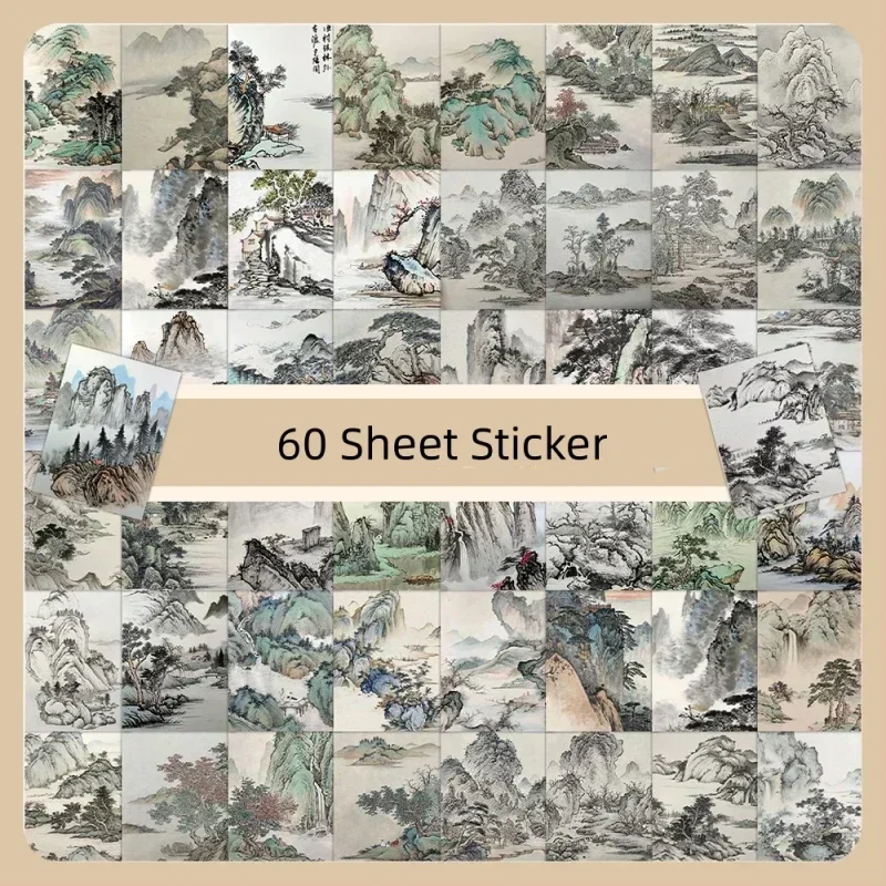 60Pcs Retro Aesthetic View Illustration Decorative Sticker Chinese Style Landscape Painting Stickers for Phone Fridge Notebook