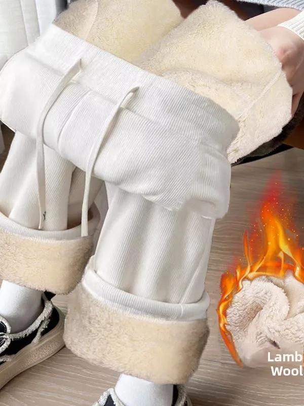 بنطلون نسائي واسع الساق من القطيفة المبطنة بصوف الحملان، سميك وعصري للخريف والشتاء، دافئ ومستقيم القصة