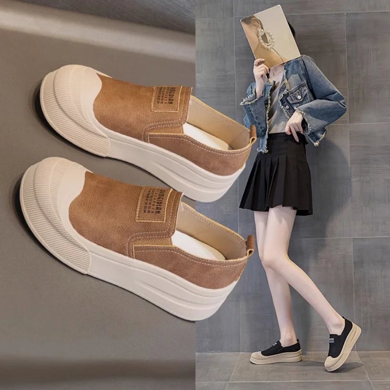 NEW Spring/Autumn Women Loafers Round Toe Thick Heel Shoes Split Leather Shoes for Women Casual Slip-on Plus Size Platform Shoe