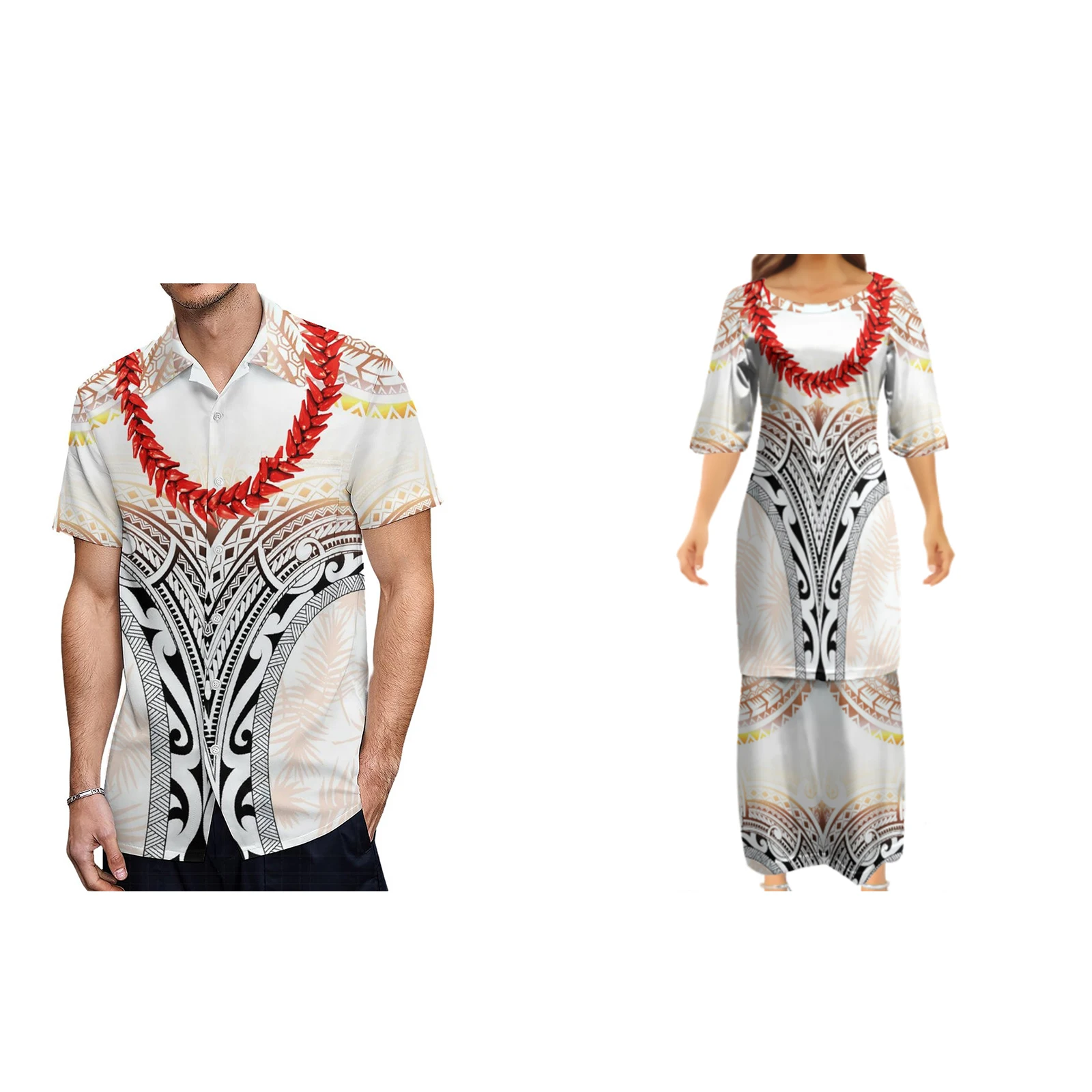 Polynesische Stammes-Sublimation druck halbe Ärmel Samoa Halskette Puletasi Rock zweiteilige Set Kleider Hawaii Design Paar Puletas