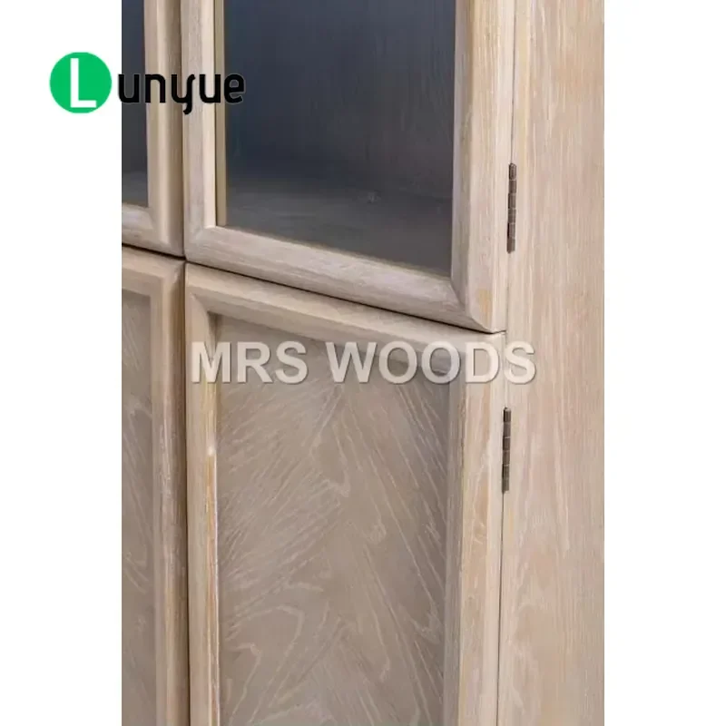 Solid Wood Bookcase with Tempered Glass Door High Farmhouse Library Shelf for Home Office Storage Display Furniture