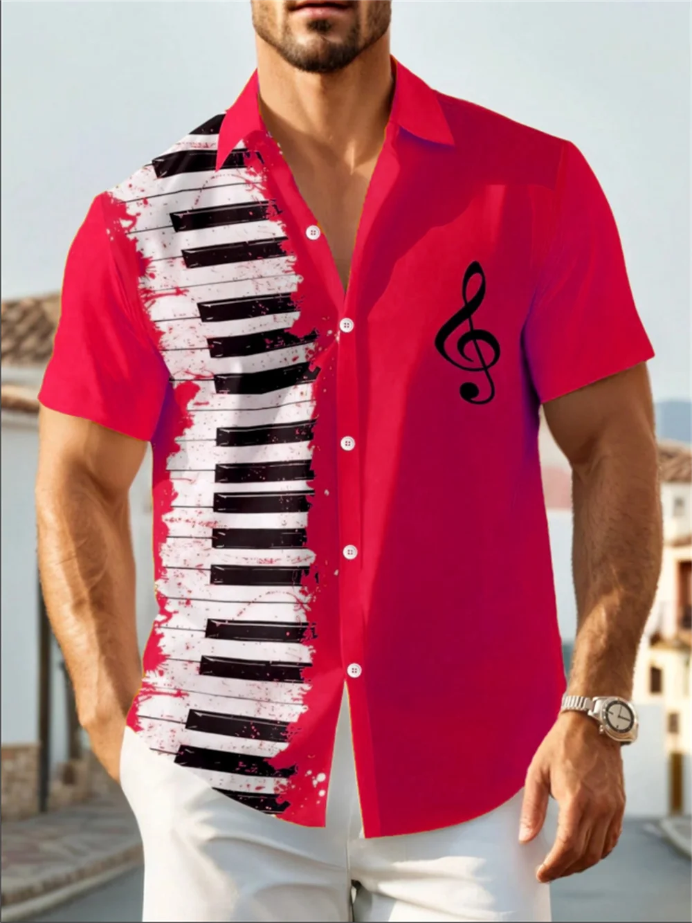 Wealthy men's shirt with piano design, short sleeved shirt, comfortable and soft, daily vacation men's clothing
