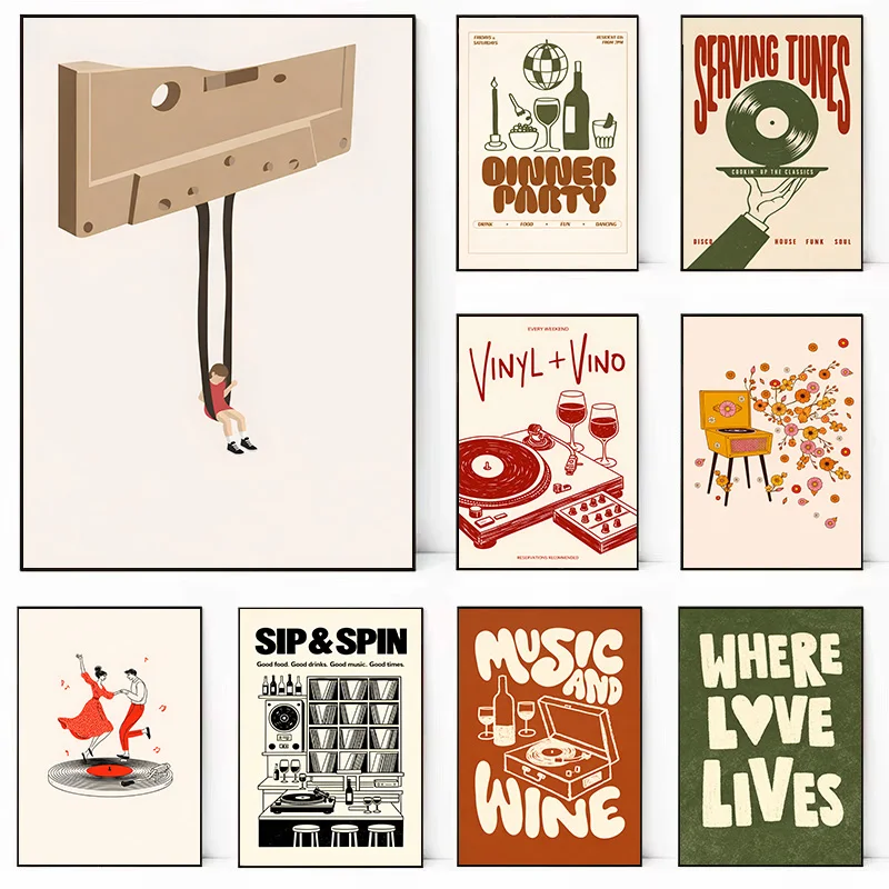 Póster de Lona Vintage con Diseño Musical, Tocadiscos Retro, Casete, Arte Floral, Impresión Decorativa para Pared, Decoración para Sala de Estar, Dormitorio y Hogar