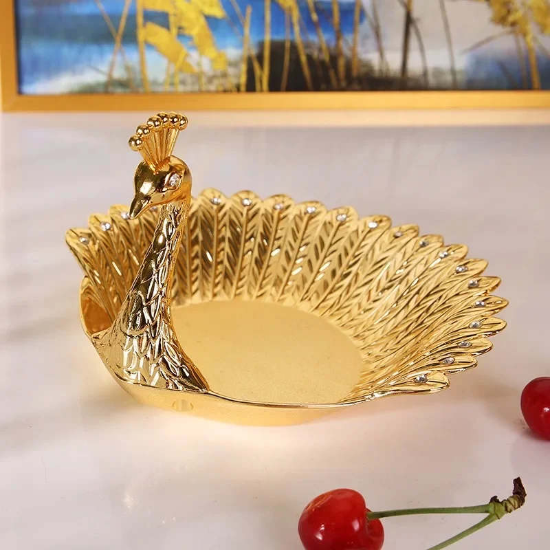 Pretty Gold Peacock Fruit Plate Luxury Zinc Alloy Tray Delicate Storage Plate for Candy Trinket Jewelry Snack Serving Home Decor