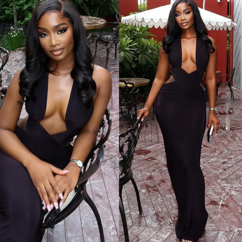 

Elegant Black Halter Maxi Dress Women Deep V Neck Sleeveless Backless Bodycon Ruched Slim Fit Gown Nightclub Evening Party Wear