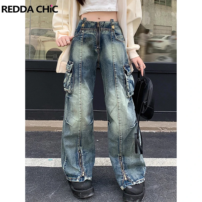 

REDDACHiC Women's Zipper Cargo Pants Y2k Vintage Washed Blue Wide Leg Pockets Baggy Jeans High Waist Trousers Streetwear