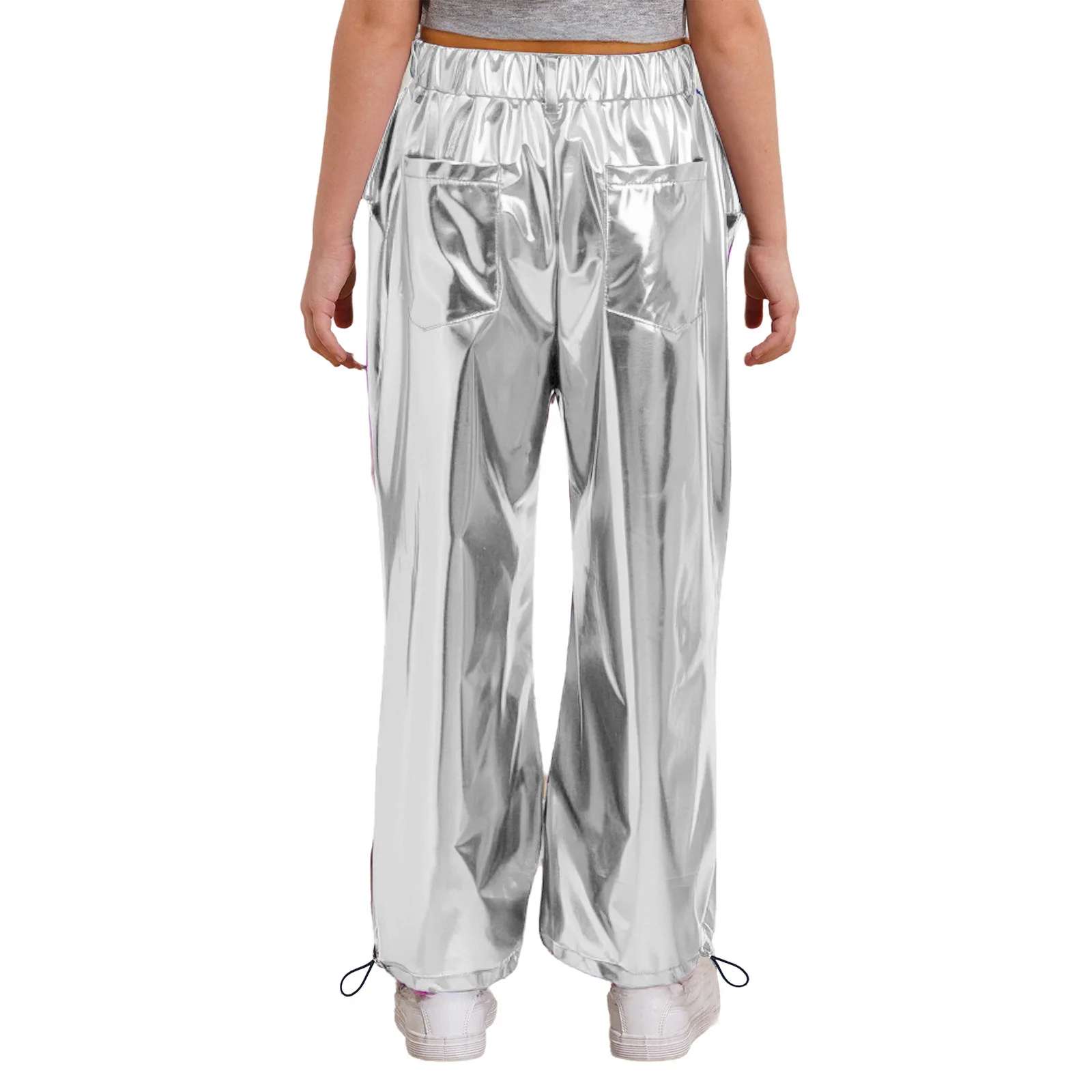 Girls Metallic Cargo Pants Jazz Street Hip Hop Dance Trousers Fashion Ruched Jogger Pants with Pockets School Show Dancewear