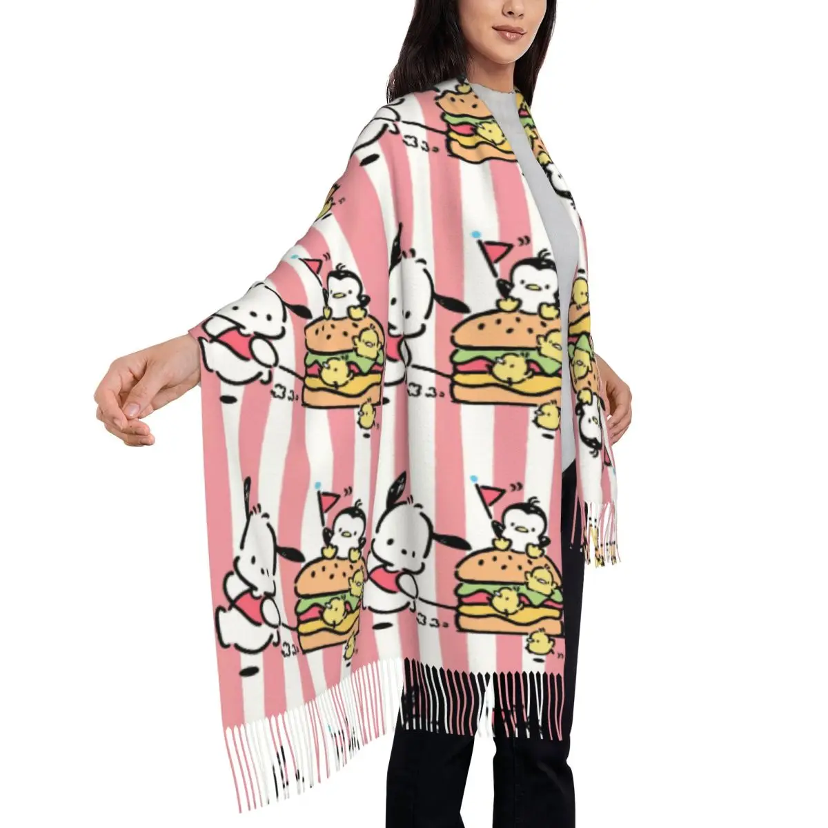 Custom Pochacco Hamburger Sjaal Wrap Vrouwen Lange Winter Warm Kwast Sjaal Unisex Sjaals