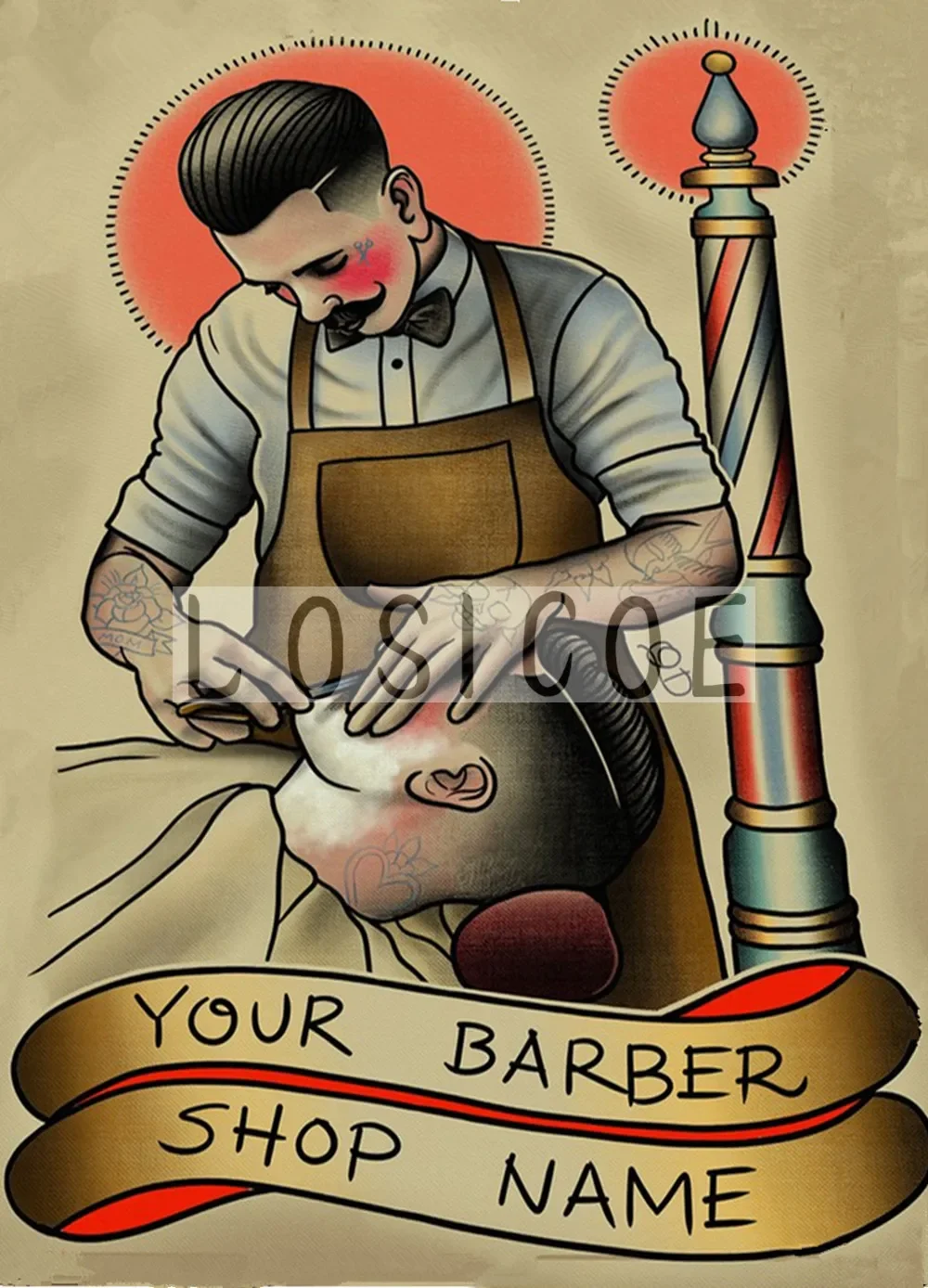 Haircut and Shaving Tattoos Wall Art Vintage kraft Paper Poster Hanging Painting HD Print Wall Sticker Barber Shop Decoration A1